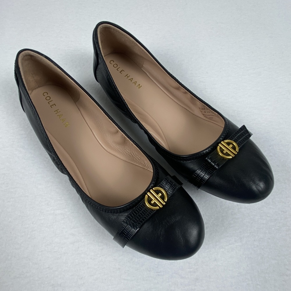 Cole Haan Grand.OS Black Leather Tova Bow Ballet Flats Gold Logo Womens 7.5